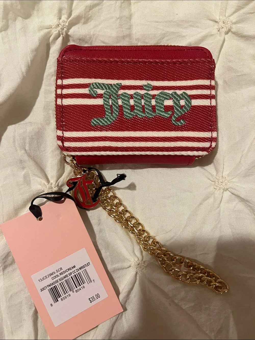 Juicy Couture Red and White Striped Card Holder with Green Embroidered Logo
